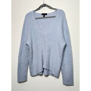 FOREVER 21 PLUS Fuzzy Knit V Neck Long Sleeve Sweater Light Blue Size 3X